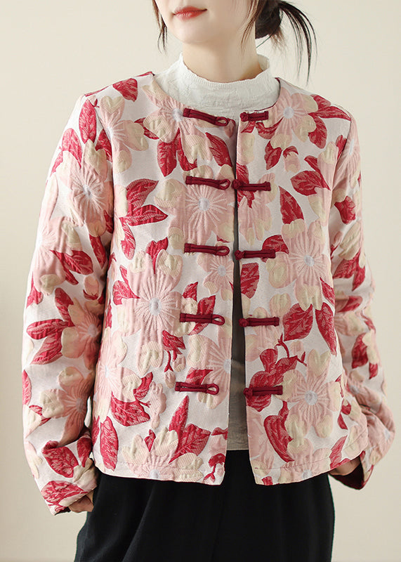 Red O Neck Print Button Pockets Thick Coats Winter