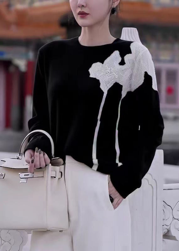 French Black O Neck Nail Bead Knit Sweater Fall