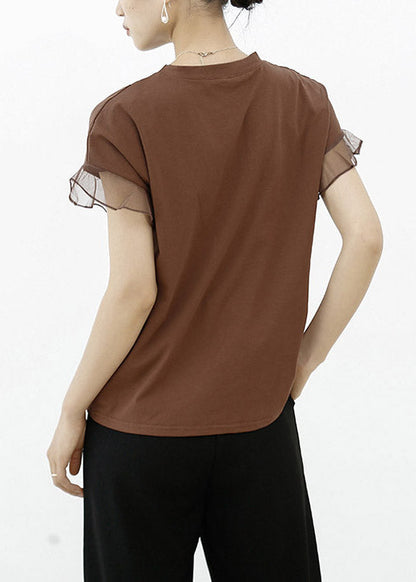 Brown Tulle Patchwork Cotton T Shirt Summe