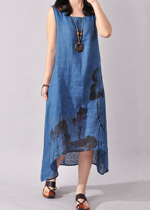 Blue Folk Style Ink Painting Sleeveless Dress Summer
