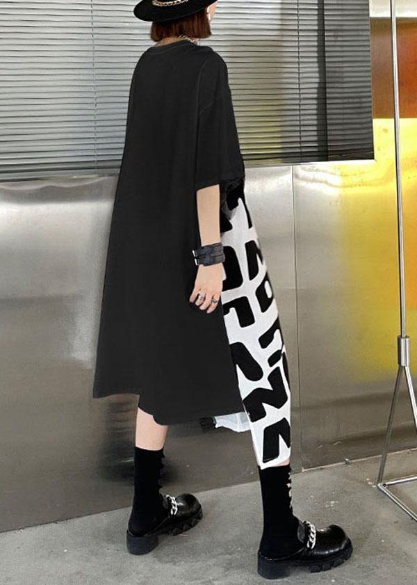 Black Print Asymmetrical Design Graphic Short Sleeve Maxi Dresses