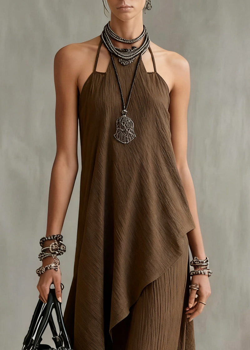 Original Coffee Asymmetrical Tops and Spaghetti Strap Dress Cotton Two Piece Set Sleeveless