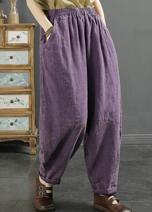 Natural Purple Pockets Patchwork Lastic Waist Linen Lantern Pants Fall