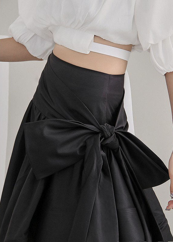 Black Tie Waist Asymmetrical Satin Pleated Skirt Spring