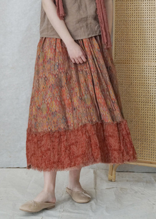 Fine Colorblock Elastic Waist Drawstring Plaid Patchwork Cotton Skirt Spring