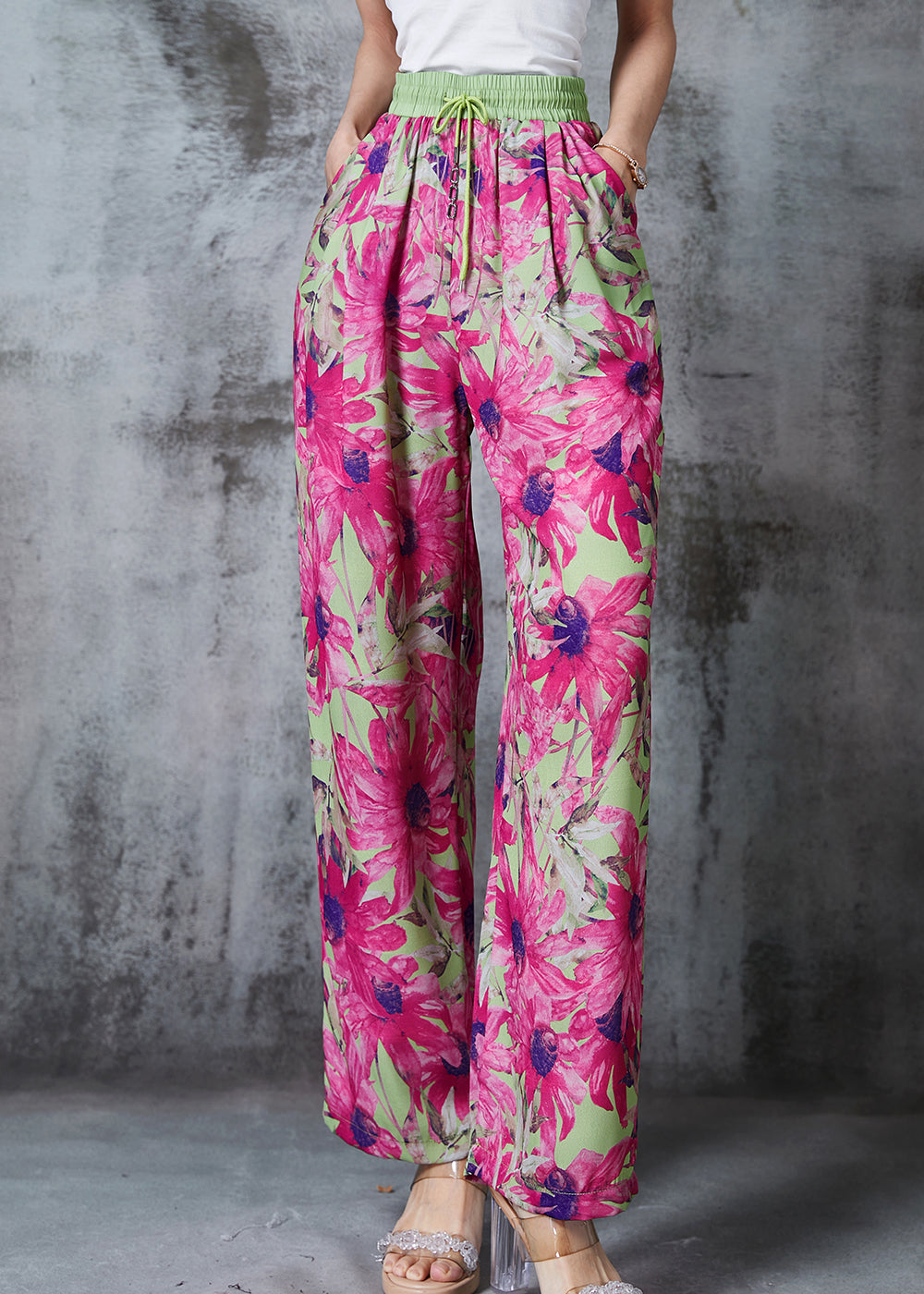 Rose Elastic Waist Leaf Print Chiffon Pants Summer