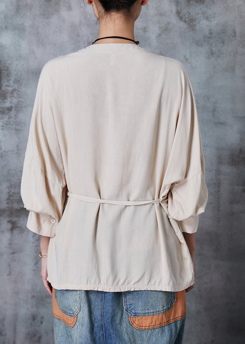 Beige Asymmetrical Tie Waist Cotton Blouse Tops Spring
