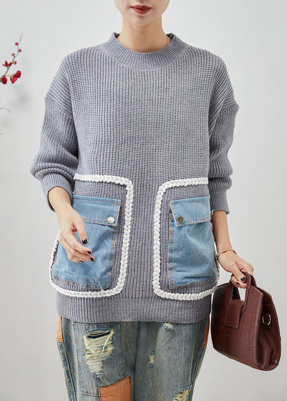 Grey Oversized Patchwork Pockets Knit Sweater Tops Winter