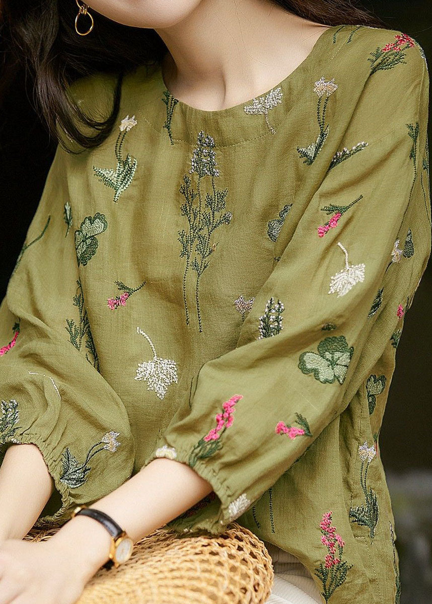 Green O-neck Embroideried Patchwork Cotton Tops Summer