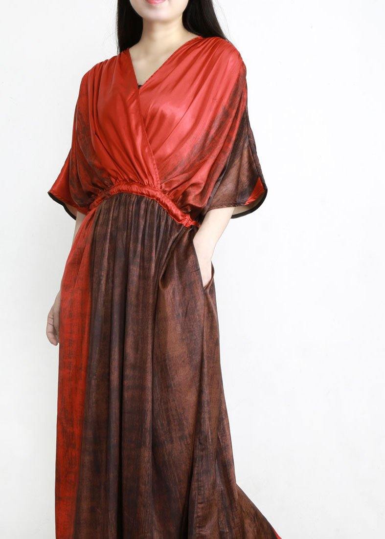Organic Red Drawstring V Neck Silk Dress