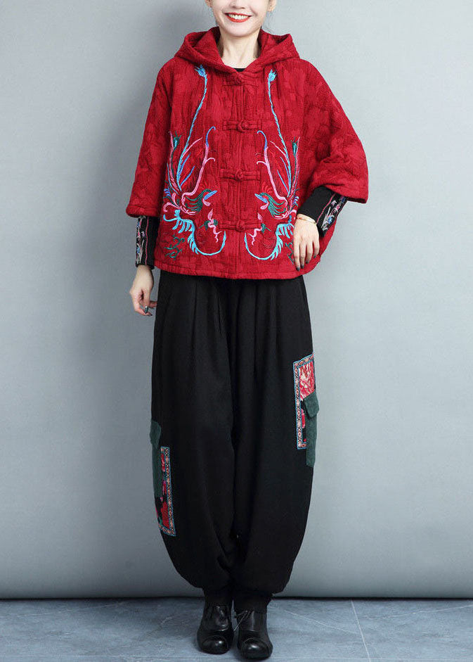 Red Hooded Embroideried Warm Fleece Coat Batwing Sleeve