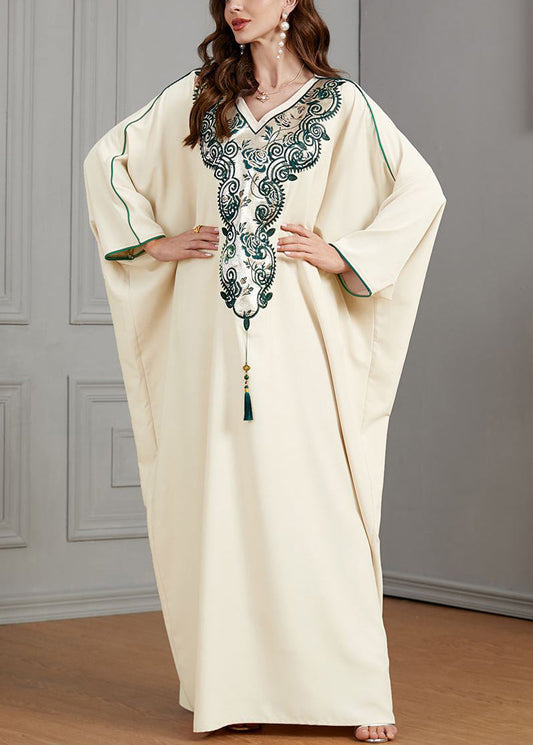 Beige Printing Tasseled Cotton Dresses Batwing Sleeve