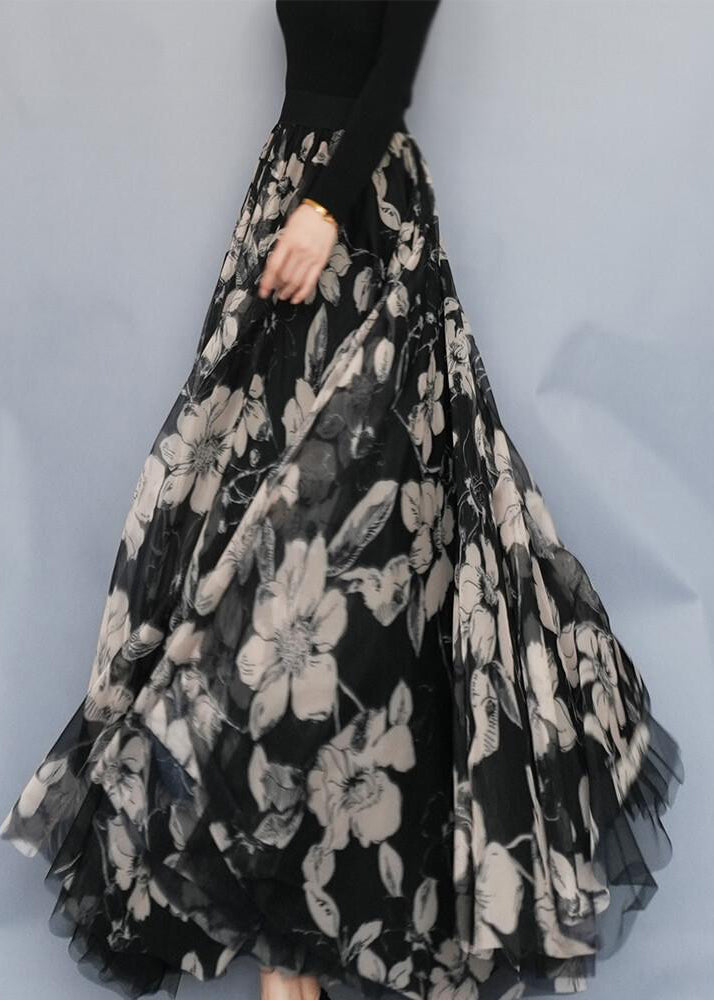 Black Print Exra Large Hem Chiffon Skirts Spring