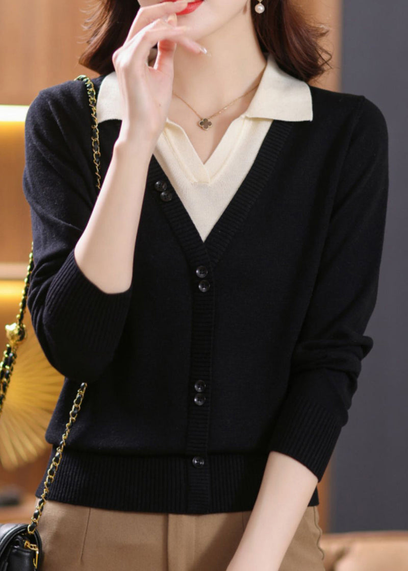 Green Peter Pan Collar False Two Pieces Patchwork Knit Sweaters Fall