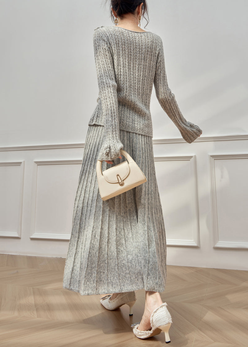 Grey O Neck Sweaters and Maxi Skirts Cable Knit Two Pieces Set Flare Sleeve