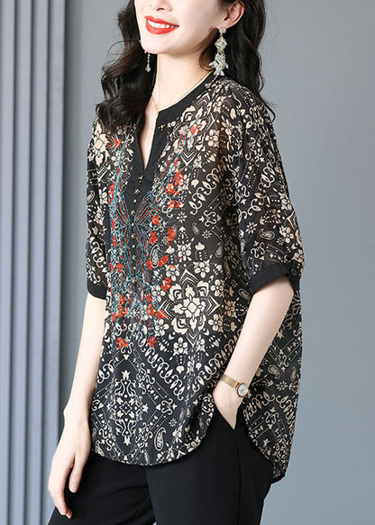 Black V Neck Print Silk Shirt for Short Sleeve