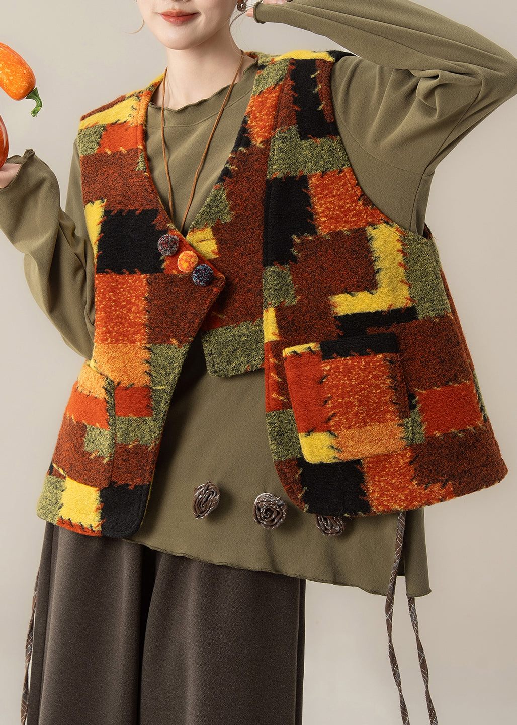 V Neck Patchwork Waistcoat ,top and Pants Three Pieces Set Spring