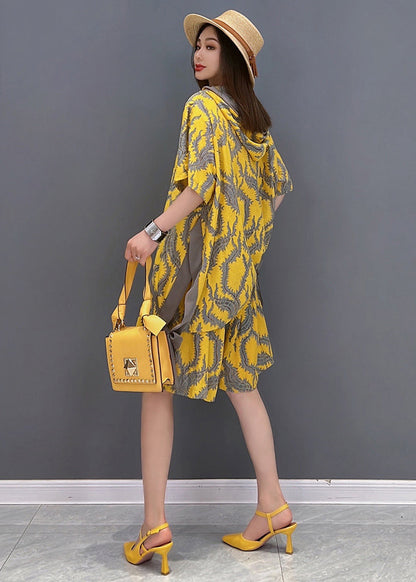 Yellow Hooded Patchwork Print Tops and Shorts Two Pieces Set Summer