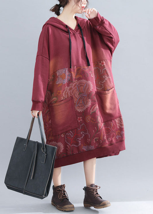 Classy Red Print Patchwork Sweatshirts Dresses Spring