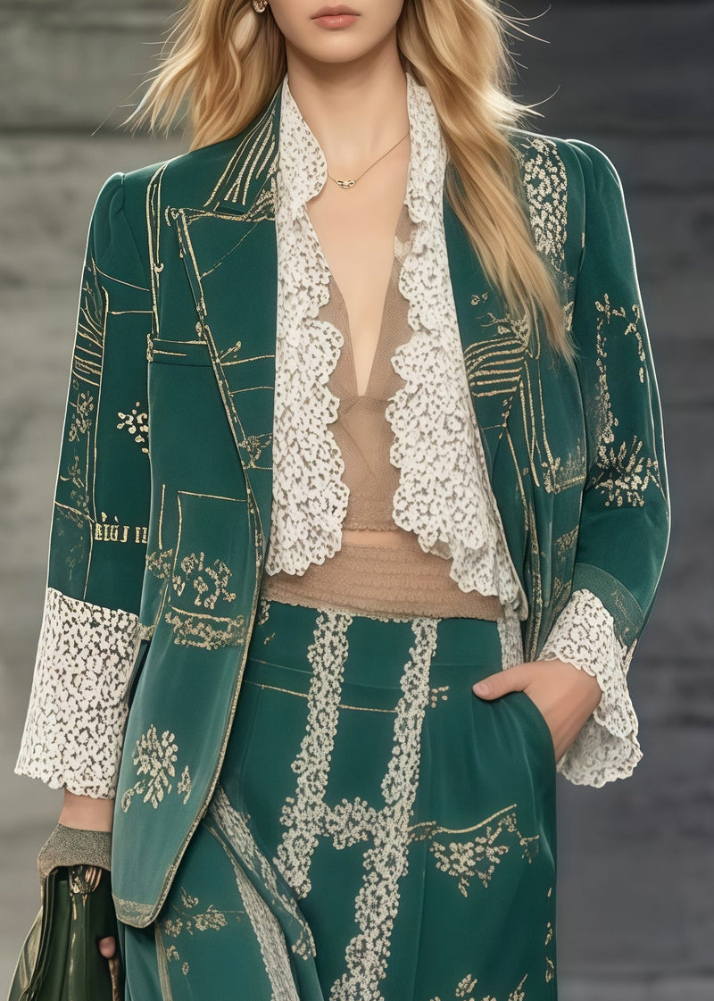 Tea Green Print Patchwork Lace Two Pieces Set Oversized Spring