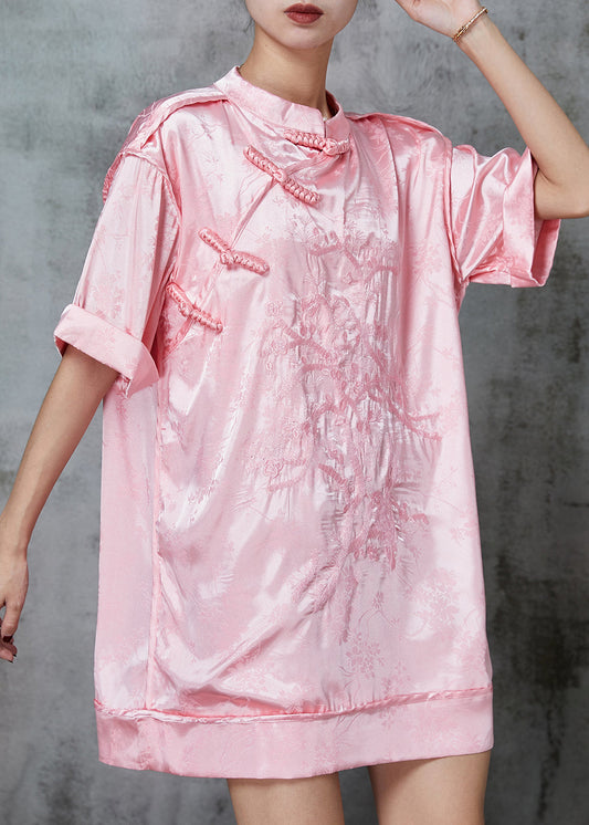 Pink Embroidered Chinese Button Silk Mini Dress Spring