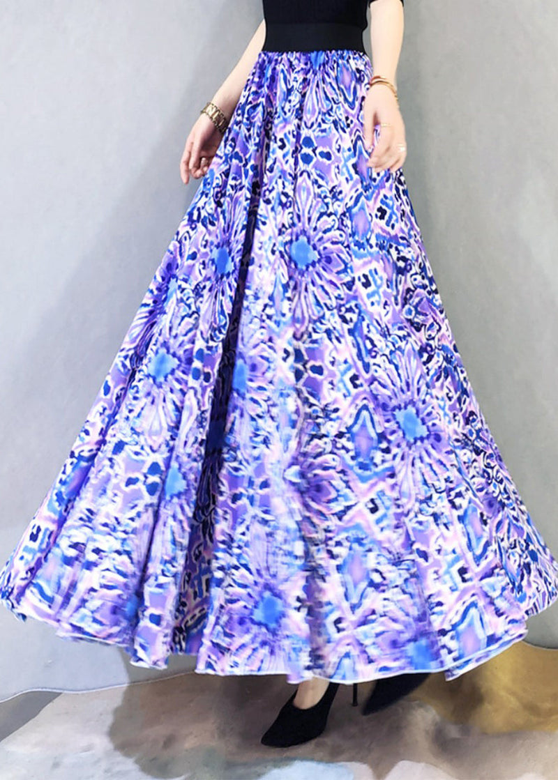 Purple Wrinkled Print Exra Large Hem Loose Cotton Skirts Spring