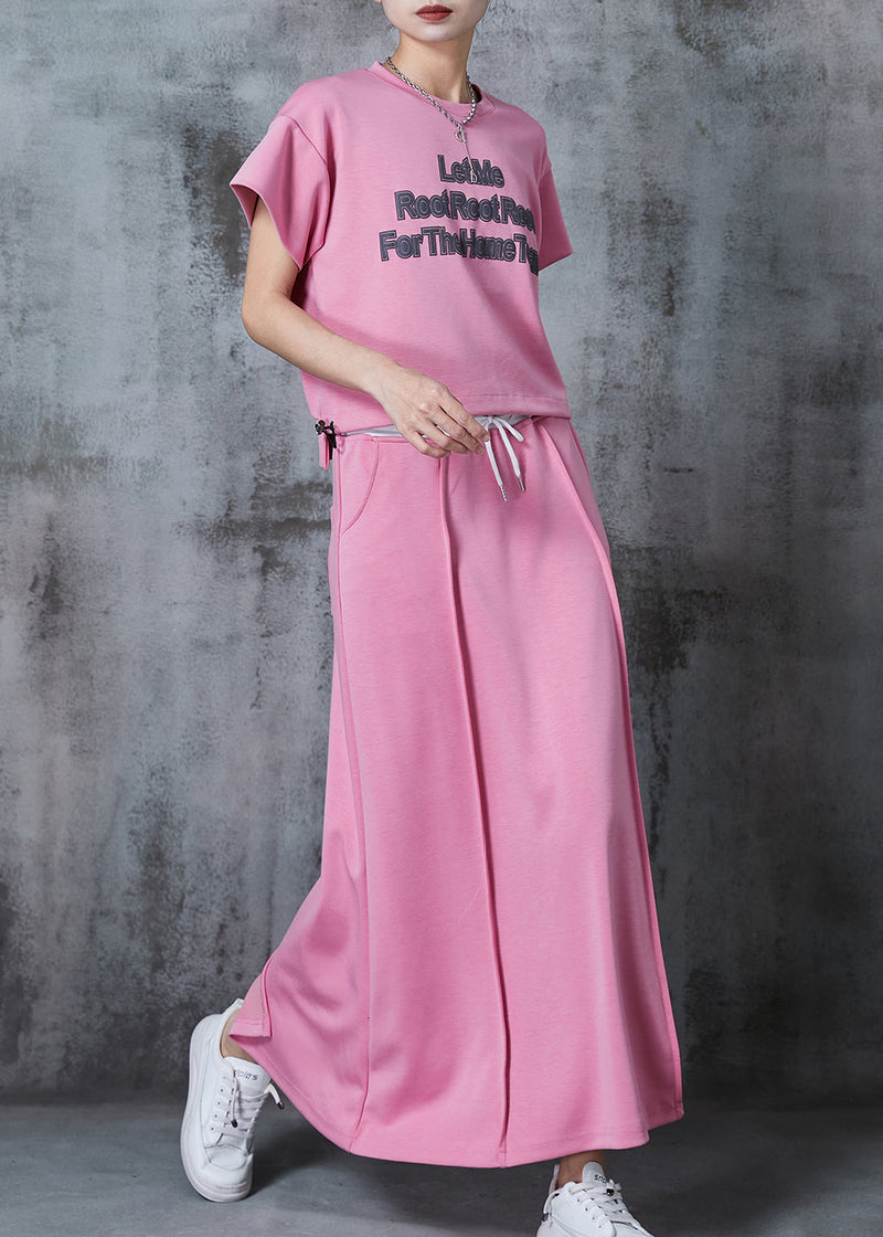 Pink Letter Print Cotton Two Piece Set Outfits Summer