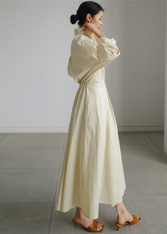 Beige Peter Pan Collar Pockets Cotton Dress Long Sleeve