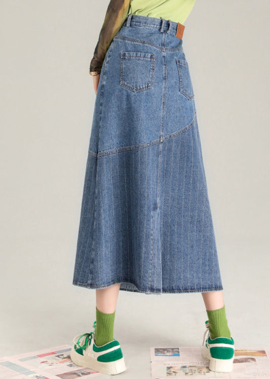 Blue Striped Patchwork Denim a Line Skirt Spring