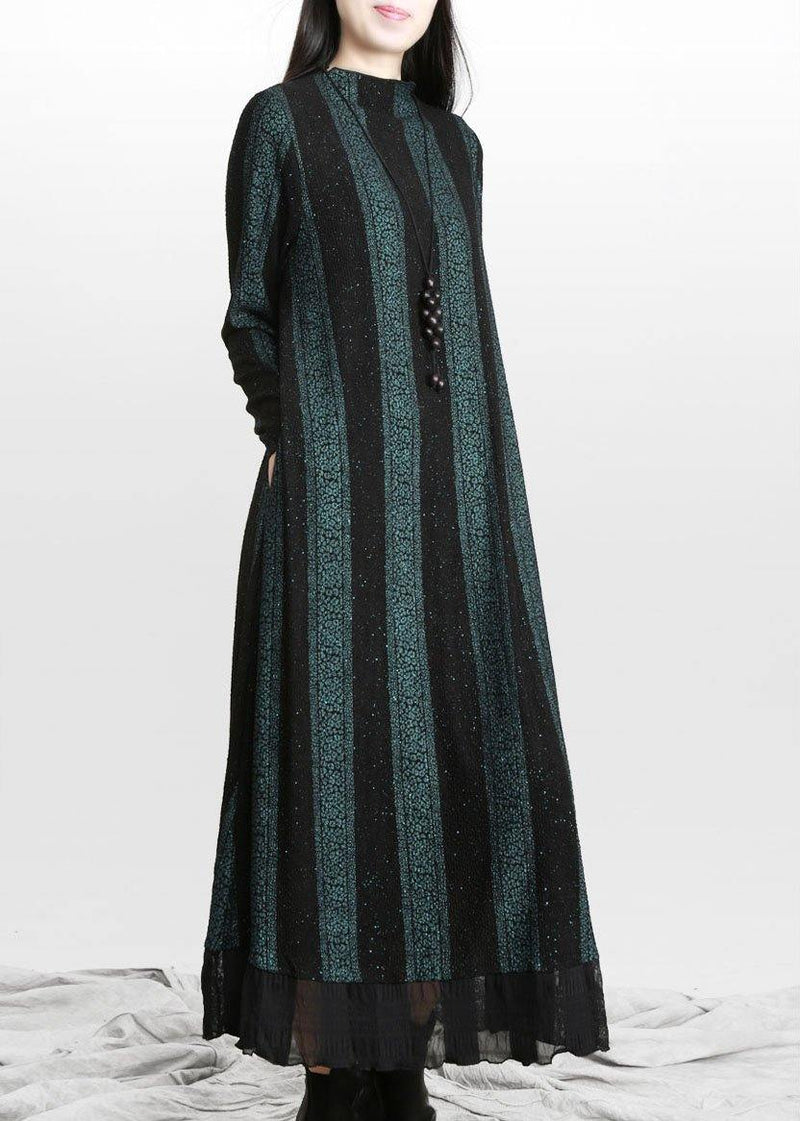 Blue Striped Patchworkchiffon Fall Long Dresses