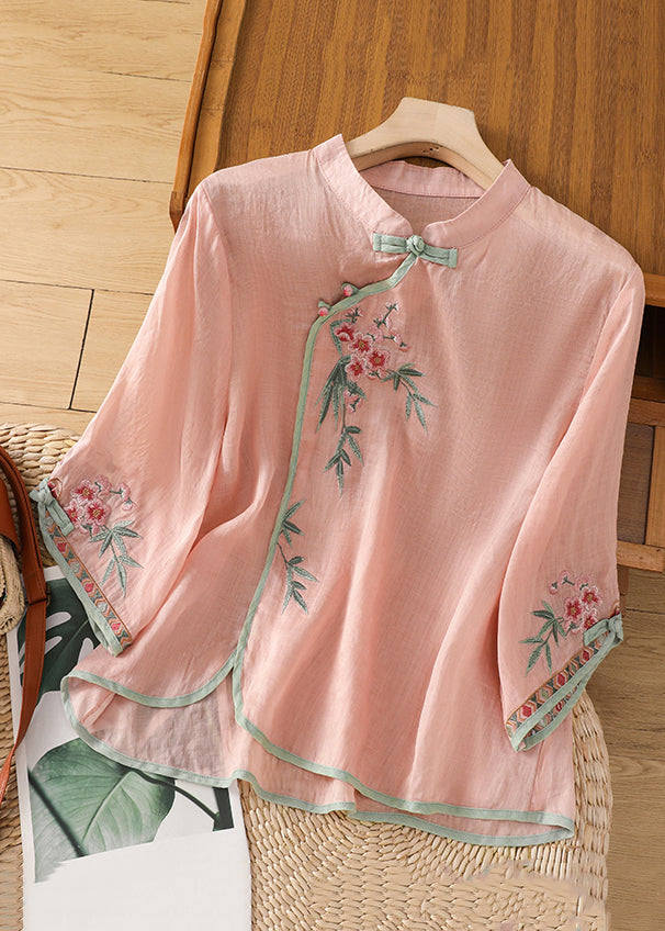 White Stand Collar Embroidered Linen Shirt Bracelet Sleeve