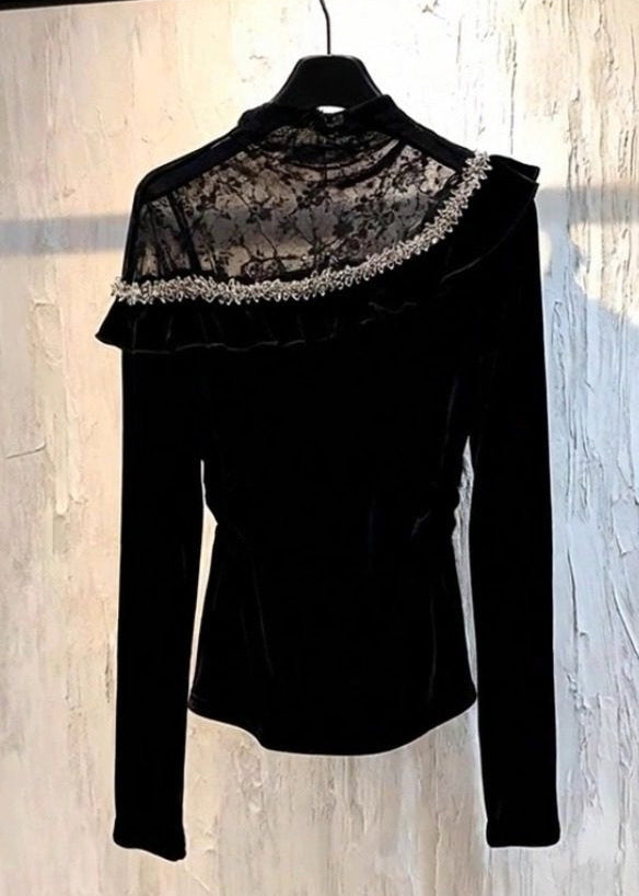 Black Lace Patchwork Silk Velour Top Spring