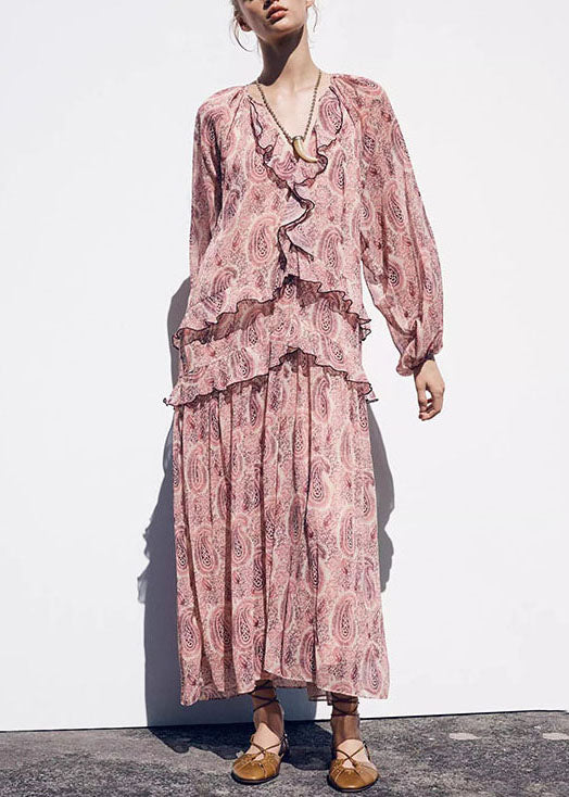 Pink V Neck Print Ruffled Chiffon Dresses Fall