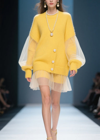 Yellow O Neck Tulle Patchwork Knit Dress Fall