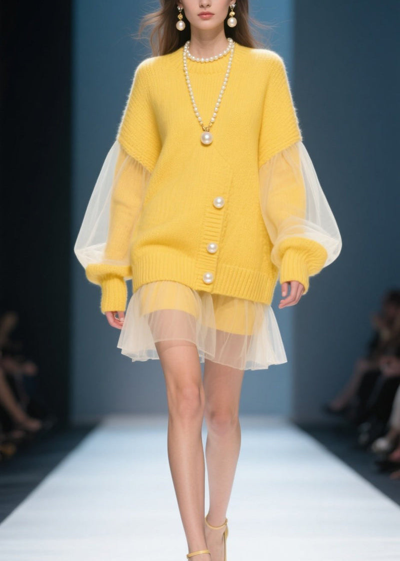 Yellow O Neck Tulle Patchwork Knit Dress Fall