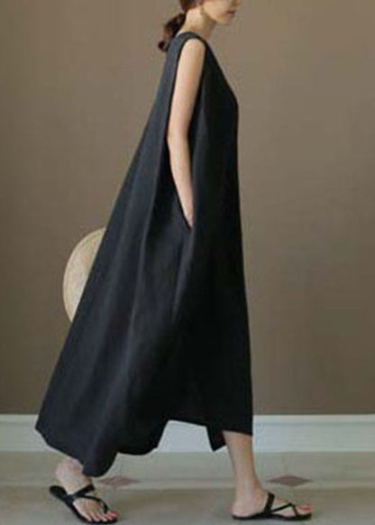 French Black O-neck Low High Design Linen Party Dress Sleeveless