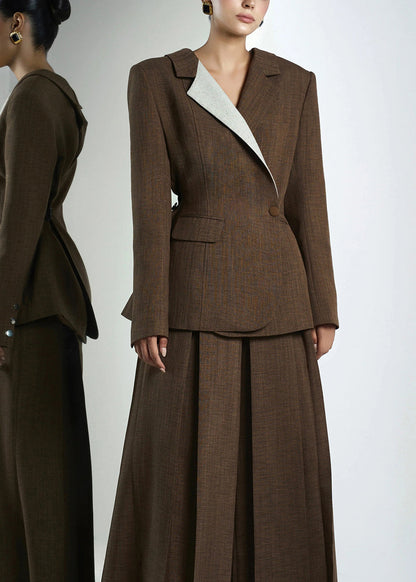 Brown Peter Pan Collar Patchwork Suit Coats Fall