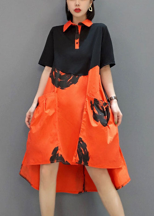 Stylish Black Orange Button Peter Pan Collar Shirt Dresses Spring