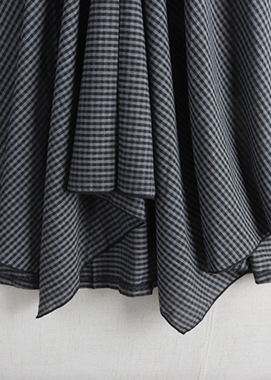 Black Grey Plaid Elastic Waist Cotton a Line Skirt Fall