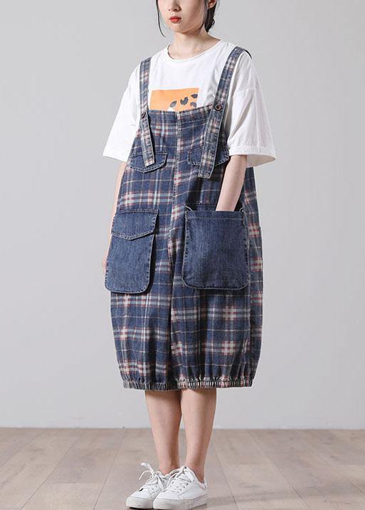 Black Plaid Jeans Jumpsuit Shorts Cotton
