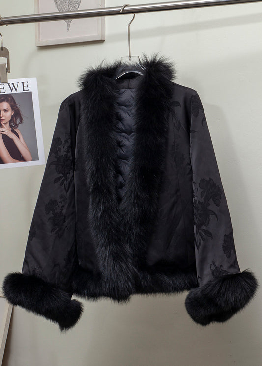 Black Jacquard Patchwork Fox Fur Duck Down Coat Winter