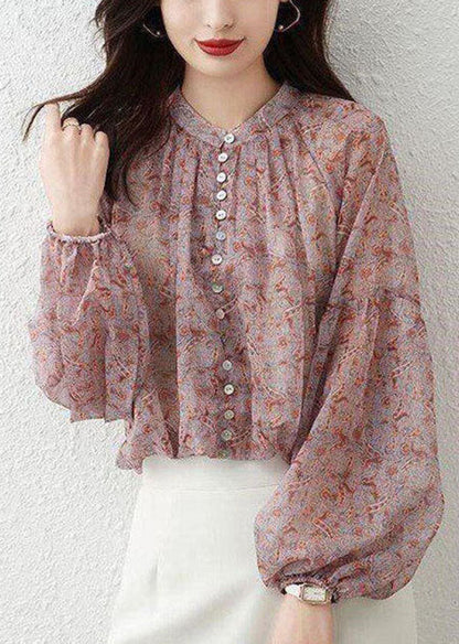 Pink Stand Collar Print Chiffon Shirt Top Lantern Sleeve