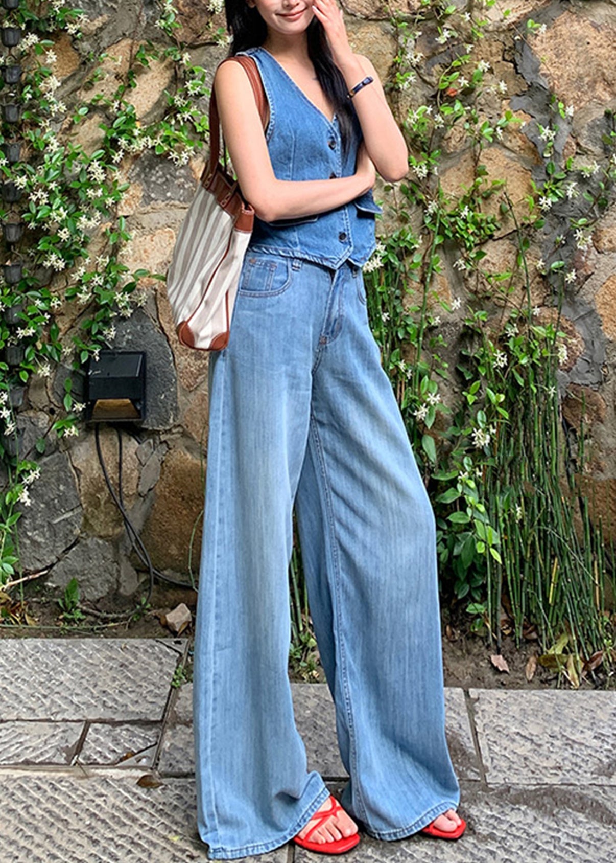 Blue High Waist Draping Denim Straight Pants Fall