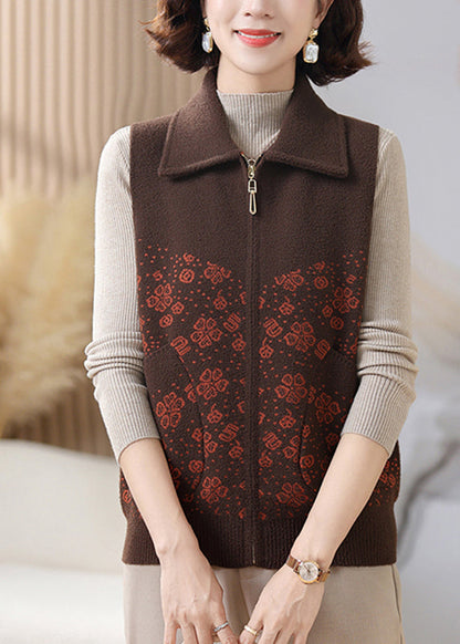 Coffee Peter Pan Collar Pockets Knit Waistcoat Sleeveless