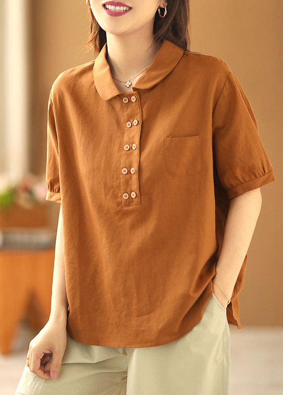 French Orange Color Turn-down Collar Double Breast Cotton Blouses Short Sleeve