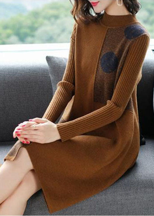 Chocolate High Neck Asymmetrical Design Knit Sweater Dress Long Sleeve