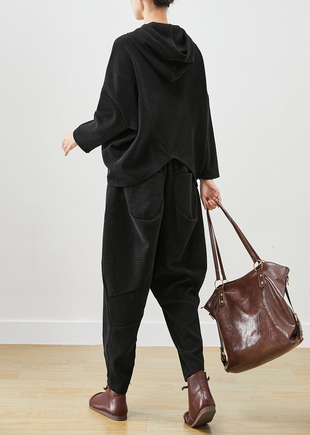 Black Hooded Patchwork Corduroy Two Pieces Set Fall