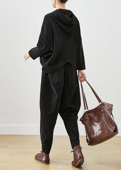 Black Hooded Patchwork Corduroy Two Pieces Set Fall