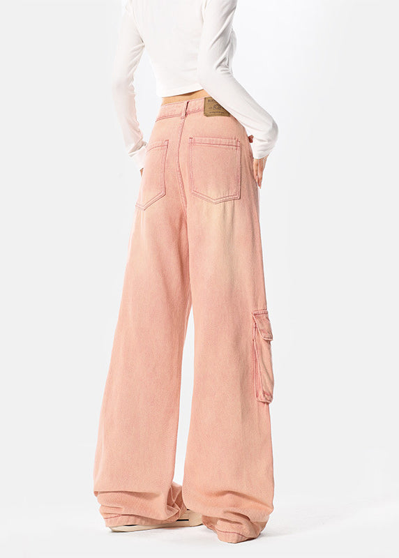 Italian Pink Embroideried Pockets Denim Wide Leg Pants Spring