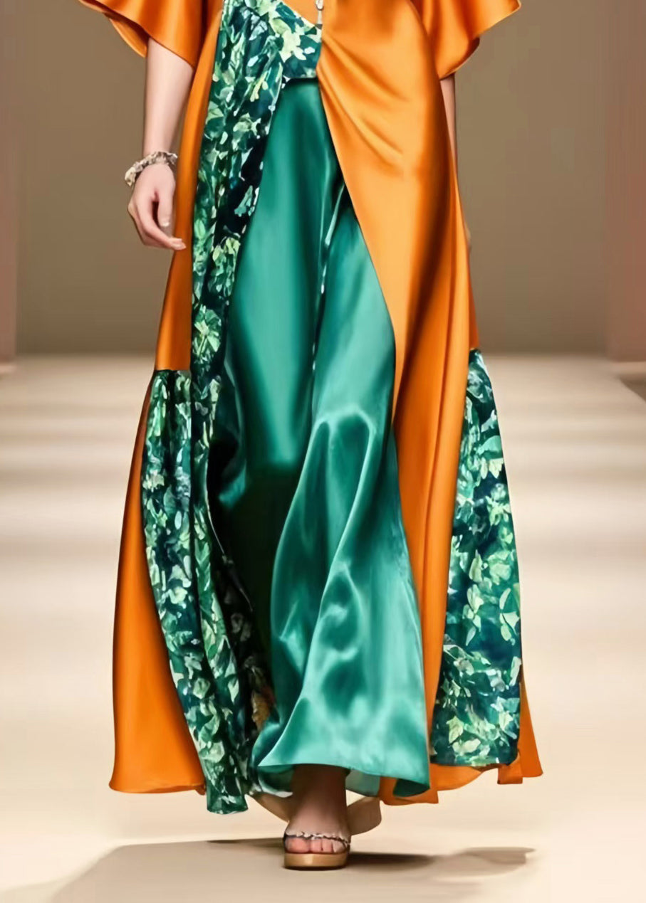 Unique Caramel Asymmetrical Patchwork Silk Long Dress Summer